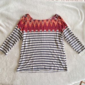 Lucky Brand Striped Floral Wide Neck Top